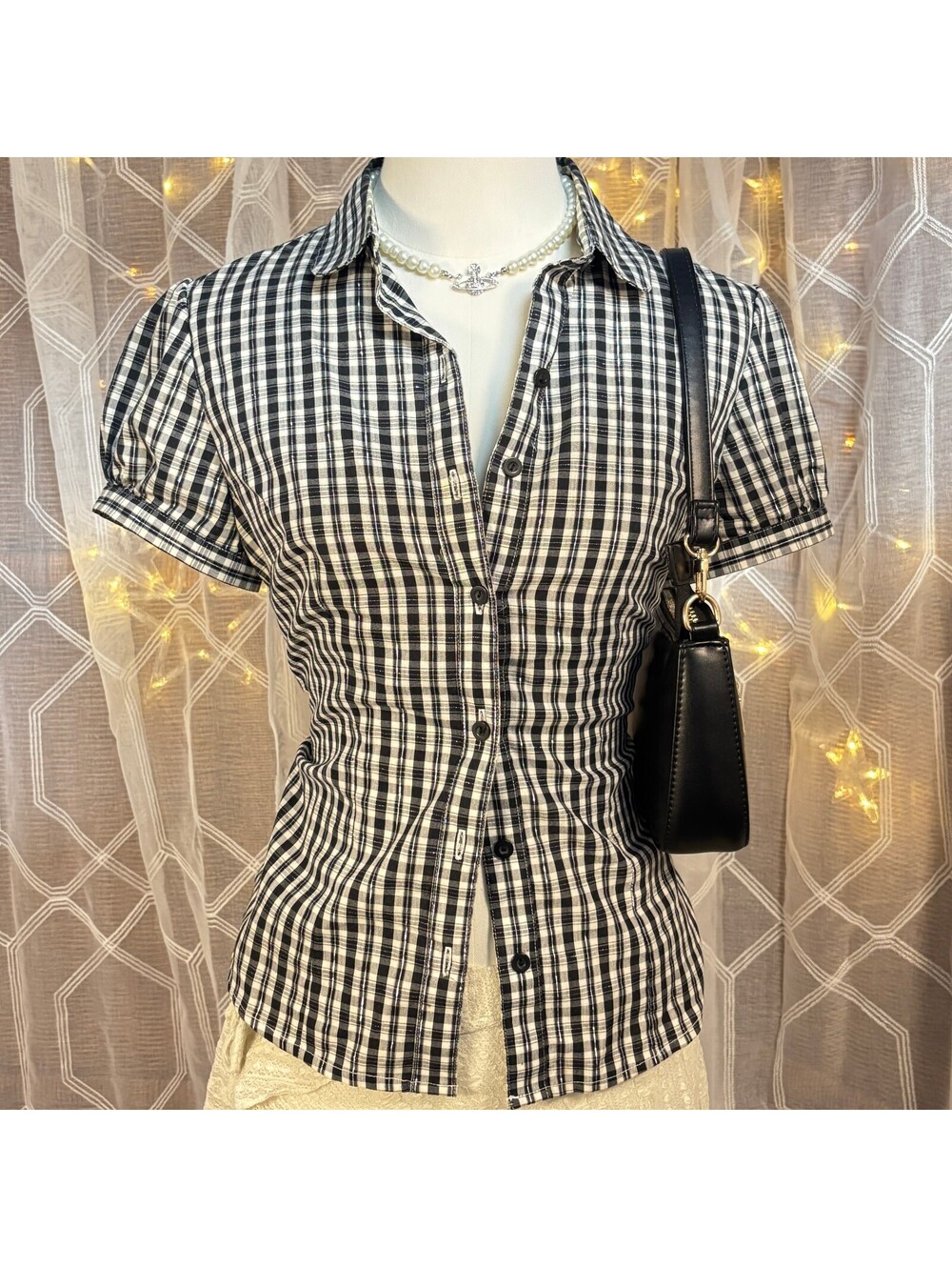 At Last Black White Plaid Fitted Button Up Puff Sleeve Shirt M Y2K Office Siren - Picture 1 of 8